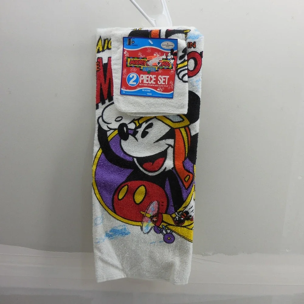 Vintage Disney Mickey Mouse Mail Pilot 2 Piece Towel Set Cannon Mills Made USA